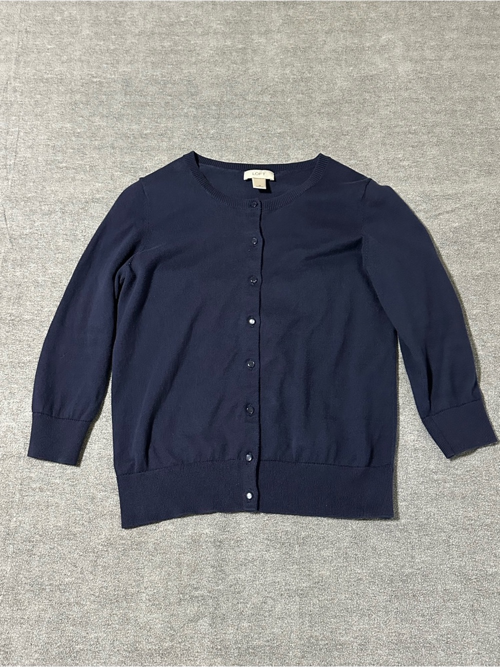 LOFT Navy Button-Front Crewneck Cardigan
